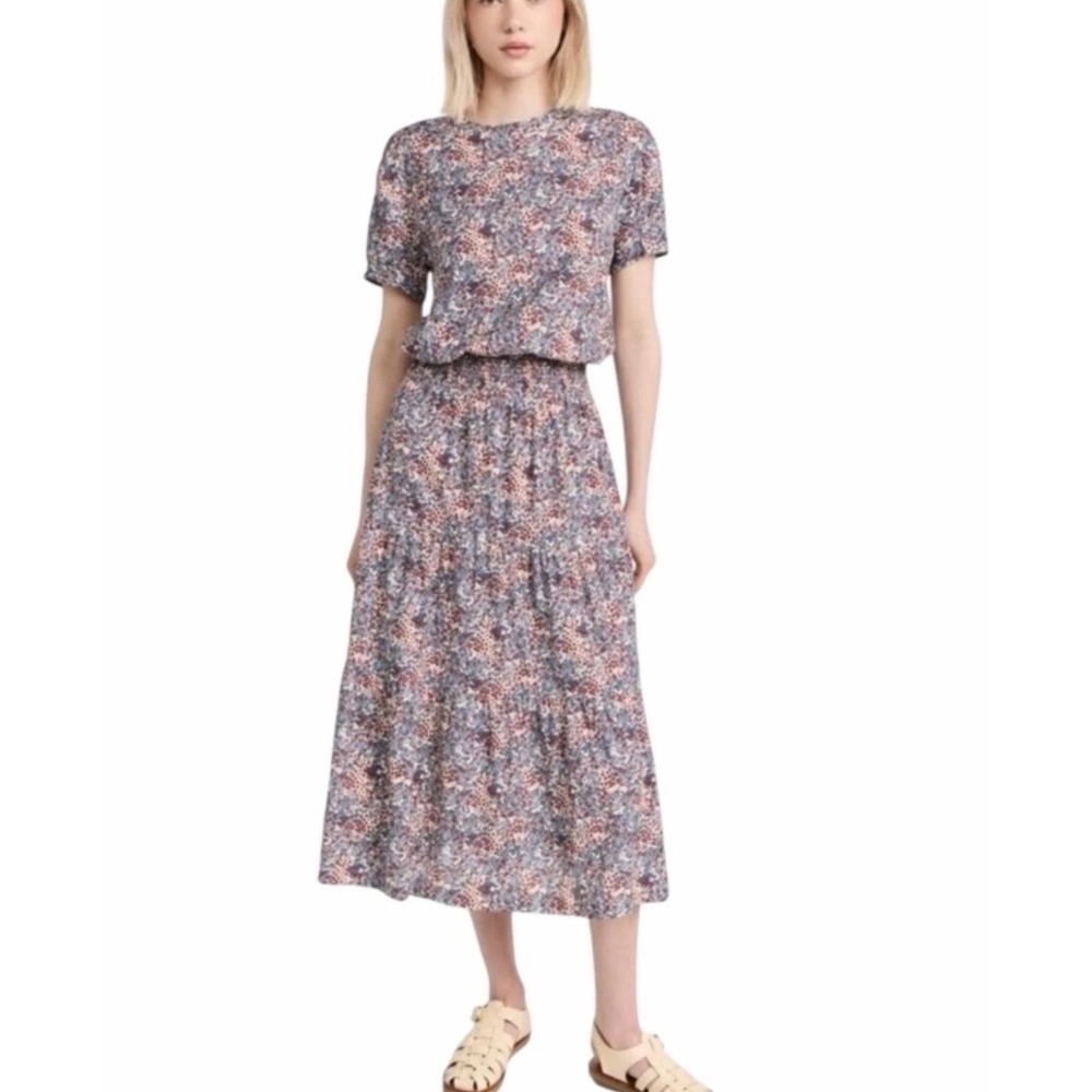 Nation LTD Pima Cotton Martine Casual Peasant Floral Smocked Midi Dress Small - Picture 1 of 12
